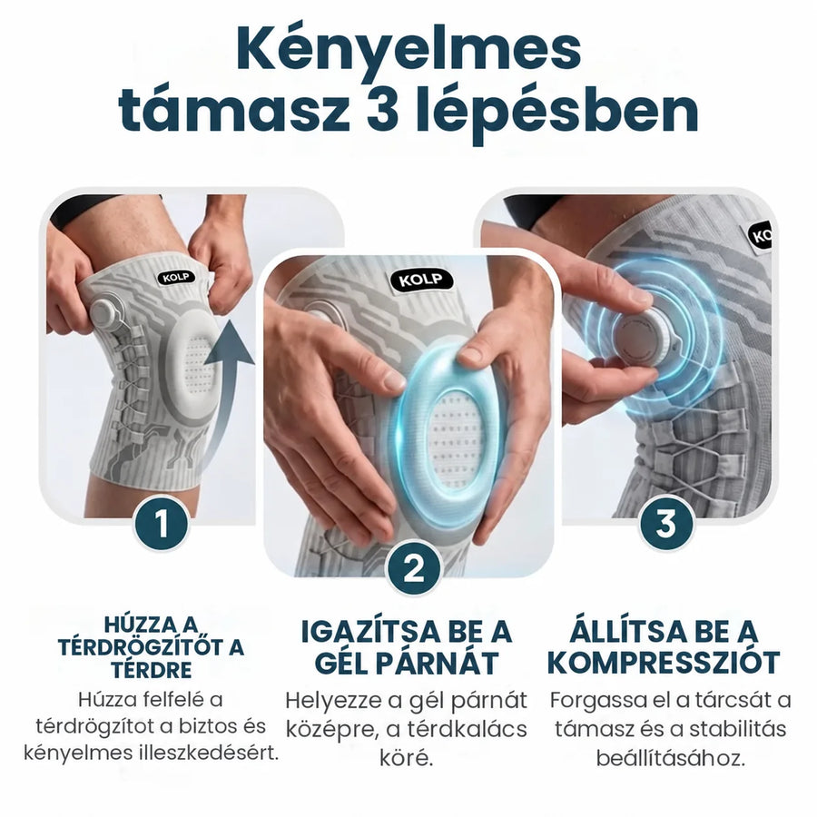 Kényelmes támasz 3 lépésben – húzza fel, igazítsa be a gélpárnát, állítsa be a kompressziót