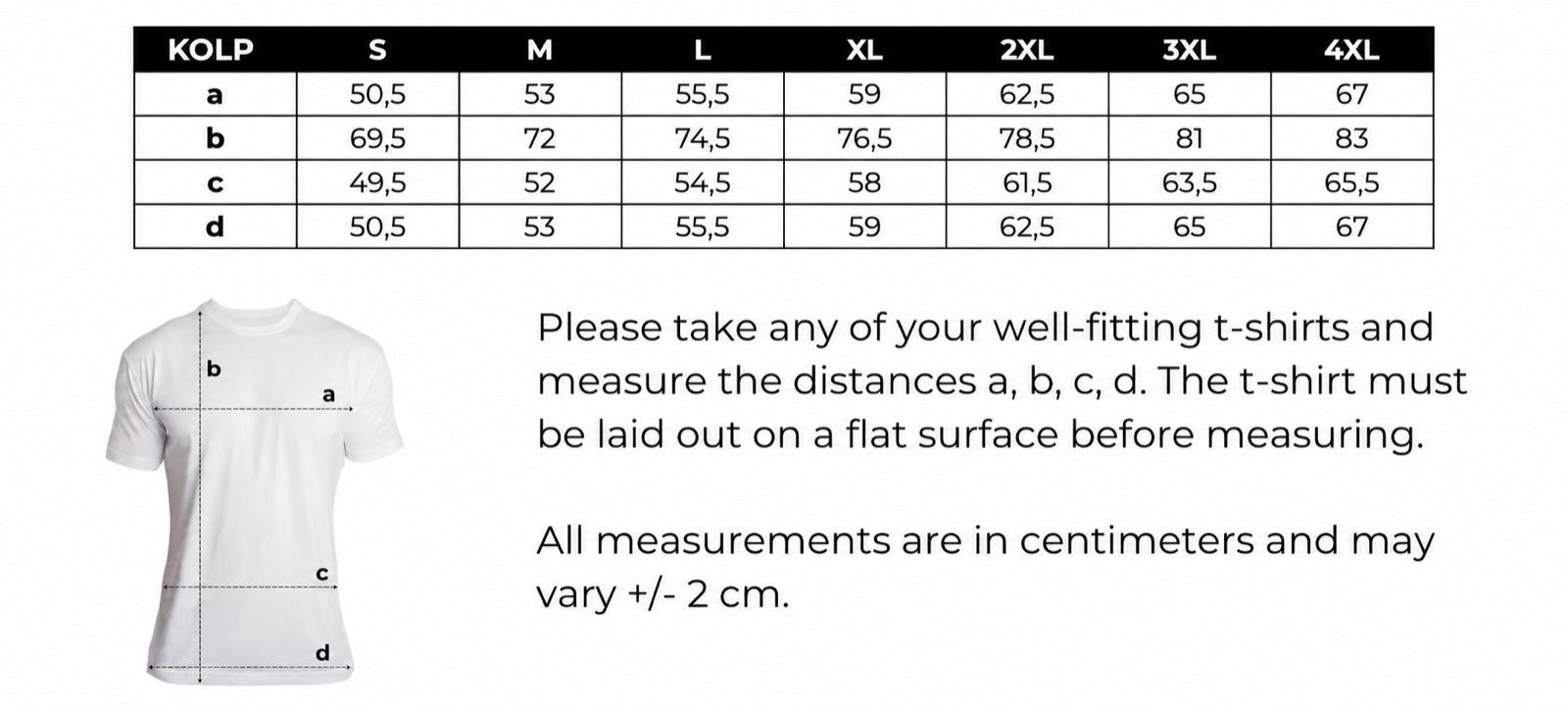KOLP size chart — measurements in centimetres