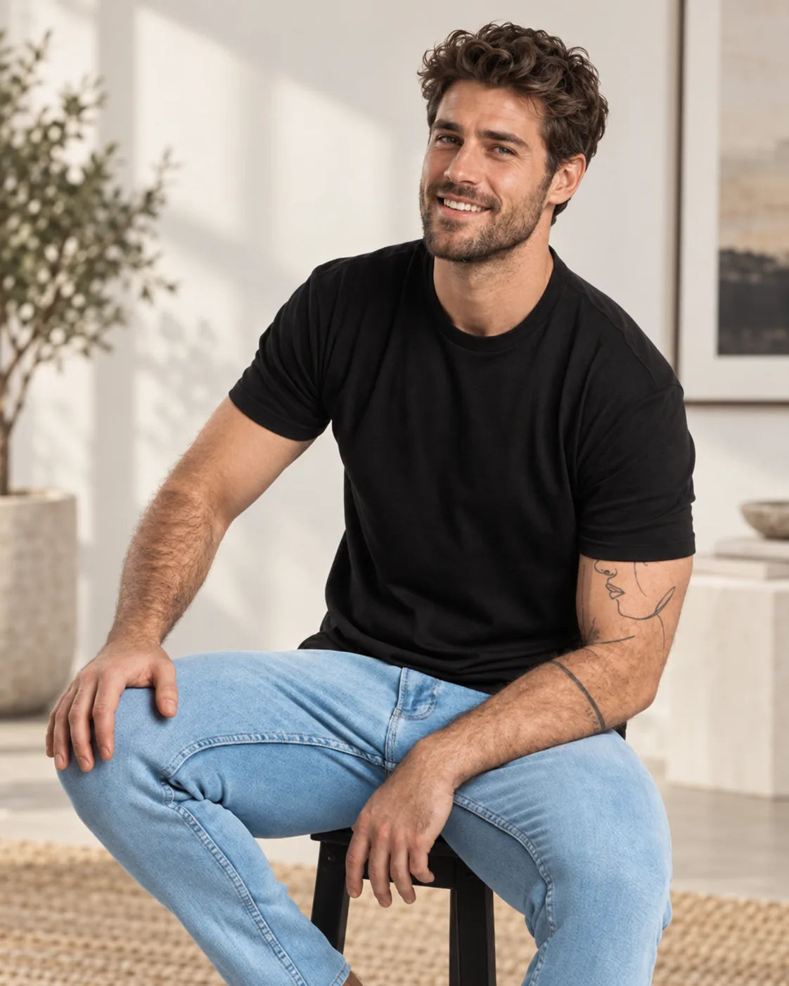 Bărbat așezat, în tricou negru KOLP Essential